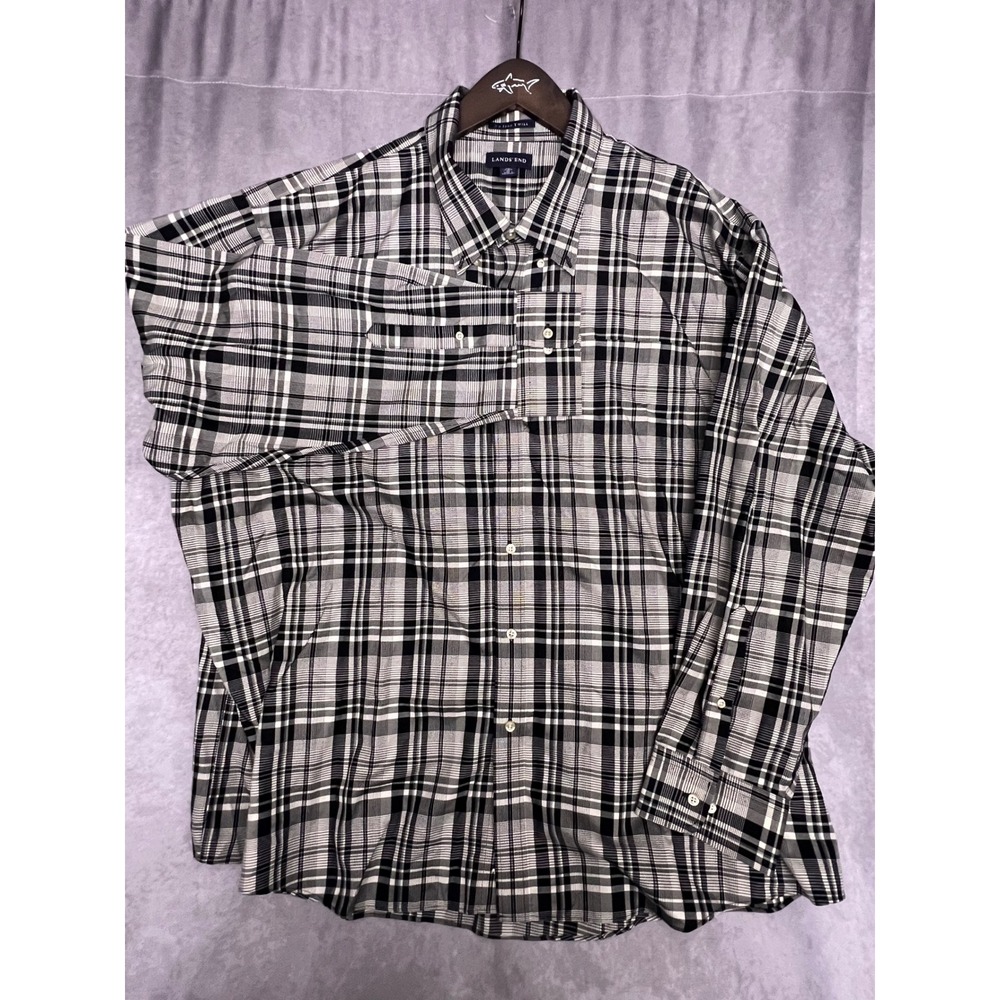 Lands' End Button Down Shirt Mens 3XL Black White Excellent No Iron Twill Plaid - Picture 2 of 6